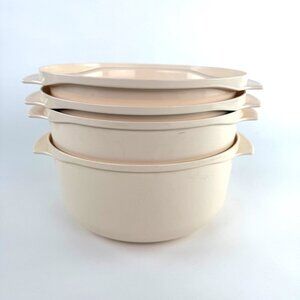 Tupperware Microwave Stack Cooker Almond 4 Pieces 2192B, 2192A, 2 2194A **READ**